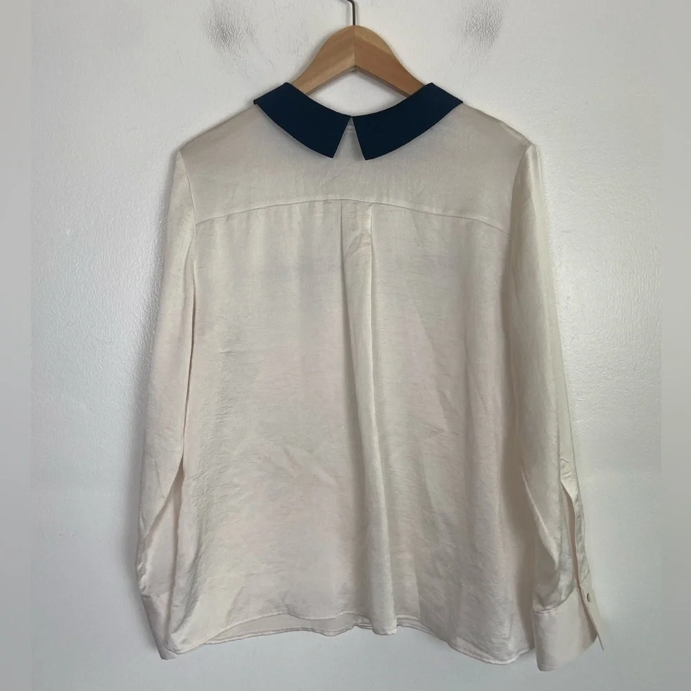Zara Basic Women's Satin Top L Cream Nerd Preppy Mother Pearl Button Long Sleeve